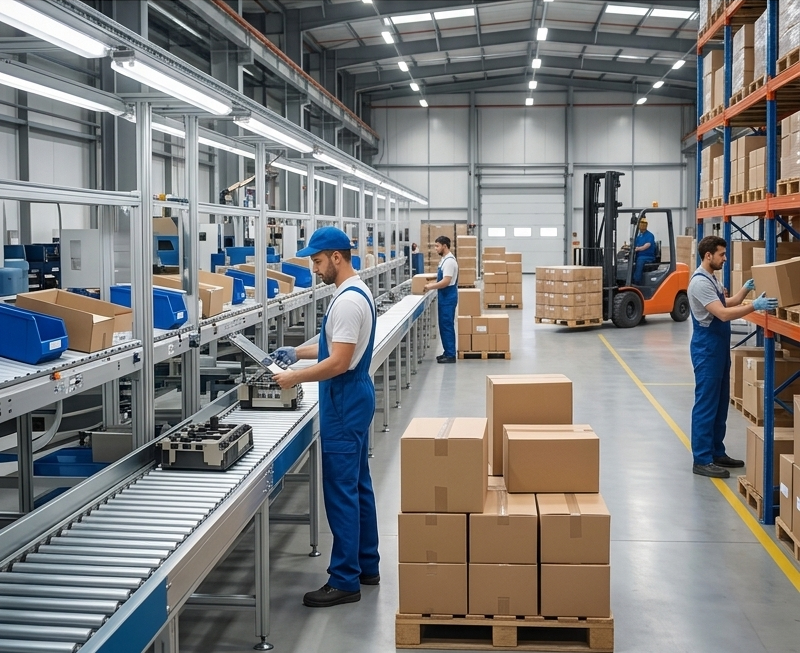 Depoda kutuları hazırlayan ve forklift kullanan tedarik zinciri çalışanları